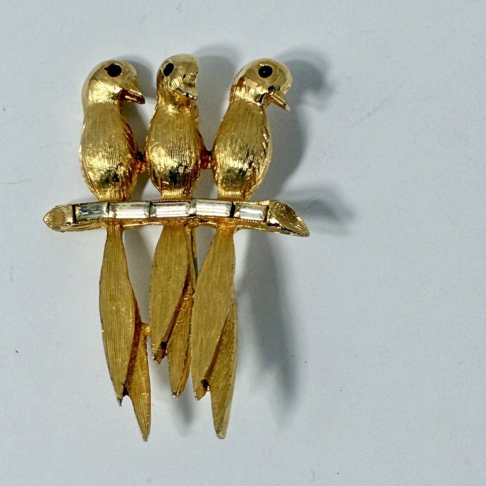VTG Pell 3 "Birds on a Wire" Gold Tone Brooch Red Eyes Baguette Rhinestones